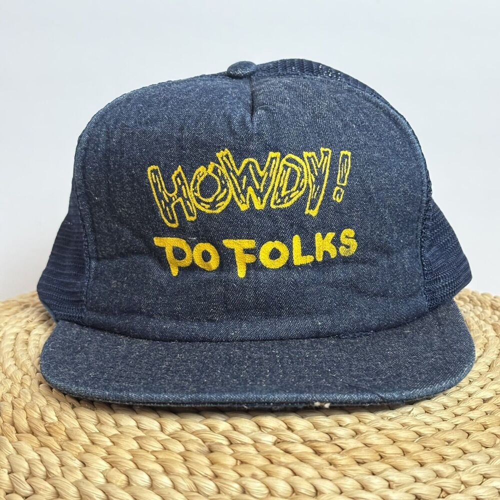 Vintage 90s Howdy! Po Folks Diner Denim Blue Trucker Hat Snapback Mesh Back USA
